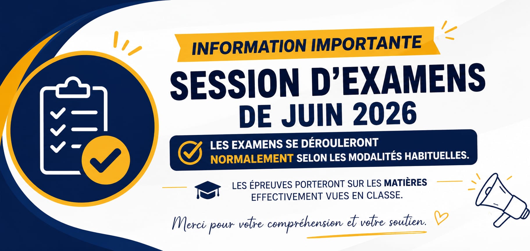 Annonce importante - Session d'examens de juin 2026